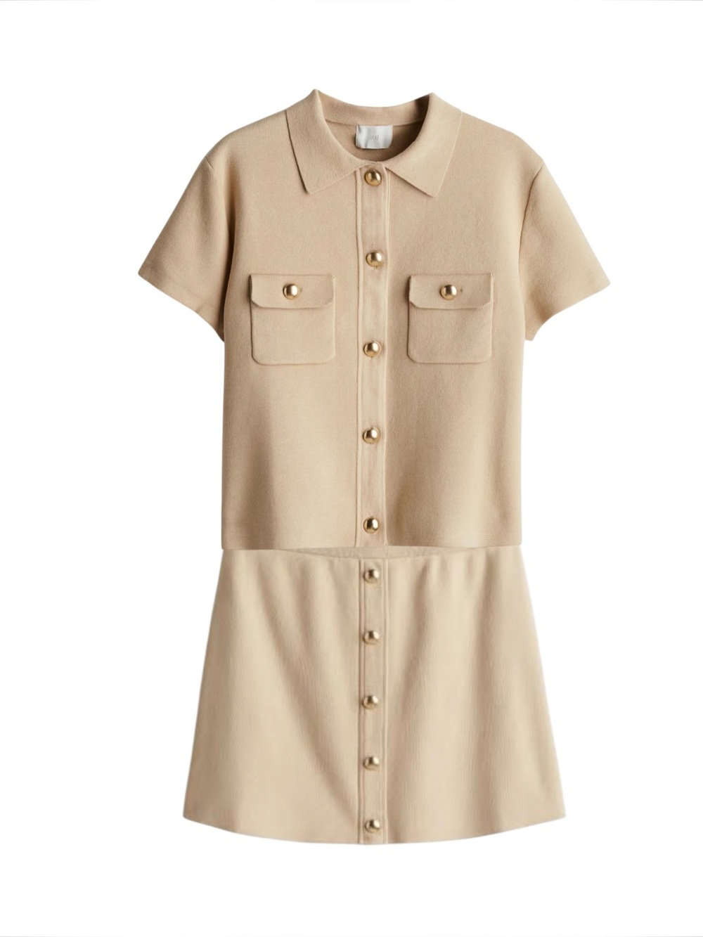 H&M 2 Piece Beige Set With Short Sleeve Collared Cardigan (XL) and Skirt (Lg)